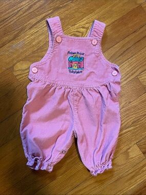 Vintage Fisher-Price Baby 0-6M Pink Corduroy Overalls w/ Embroidered Toy Chest